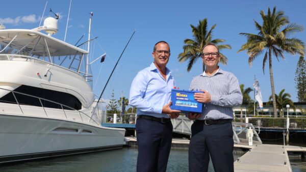 Pictured from left: BIA President Andrew Fielding and Automotive General Manager Shaun O’Brien pictured with one of the Australian made Century batteries.